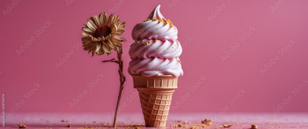 Aufkleber ice cream cone topped with pink swirled soft serve and a dried flower on a vibrant pink background f