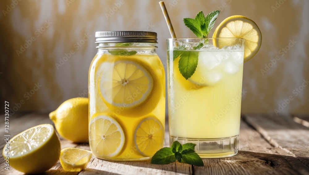 Poster fresh homemade lemonade in jar and glass with lemon slices and mint on rustic wooden table