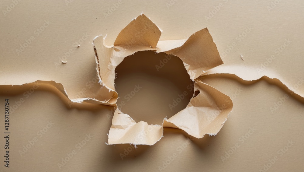 Poster Torn paper hole with frayed edges revealing blank background for creative design and visual effects.