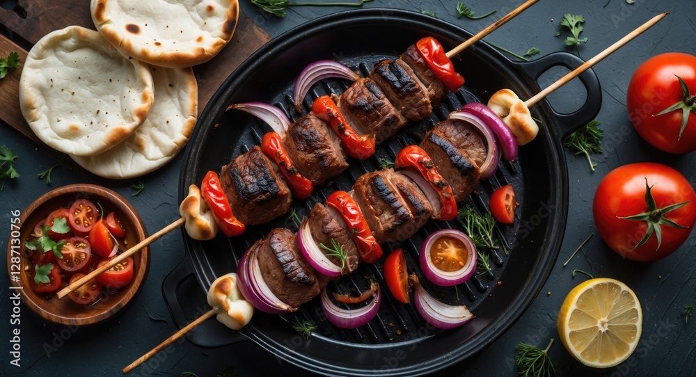 Poster grilled kebab skewers with fresh vegetables and pita bread on dark rustic background ideal for food 