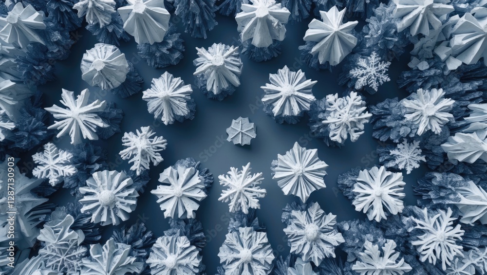 Leinwandbilder Abstract snowflake pattern in varied shapes and textures creating a winter-themed background in shades of blue and white.