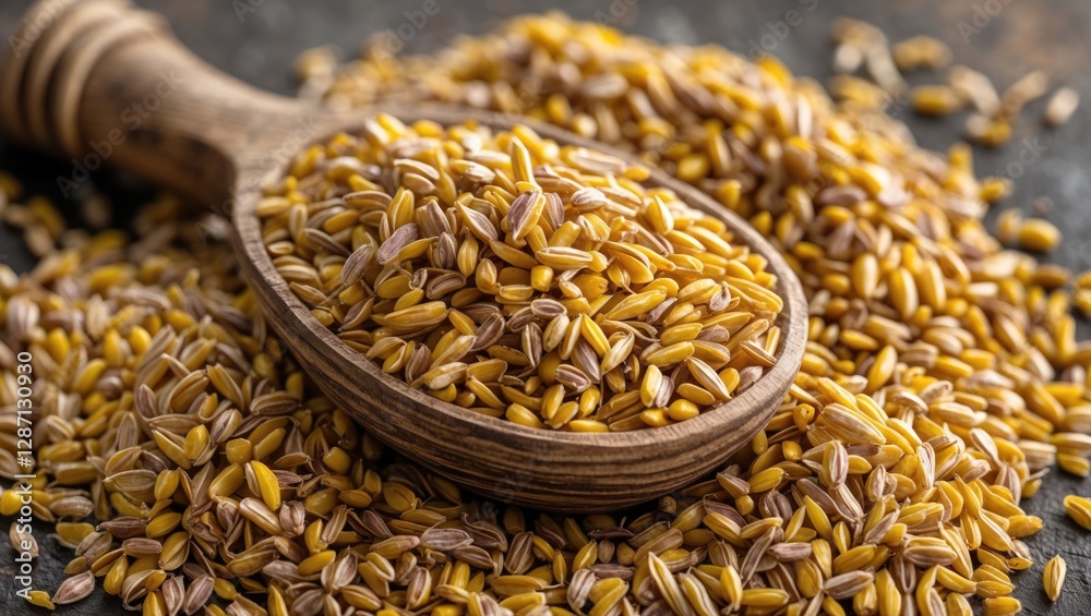 Poster amaranth grain in a wooden spoon showcasing its texture and vibrant color, symbolizing health and an