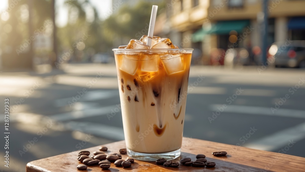 Poster cooling iced coffee refreshment on a summer day with coffee beans and background blur for copy space