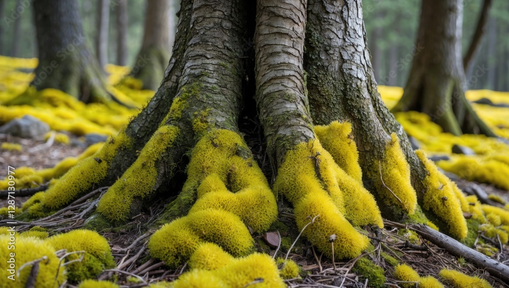 Poster close-up of tree roots covered in vibrant yellow moss creating a serene forest atmosphere showcasing