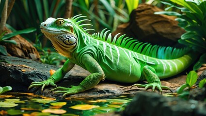 Fototapeta premium Iguana in vibrant green hue resting by serene water amidst lush tropical foliage.