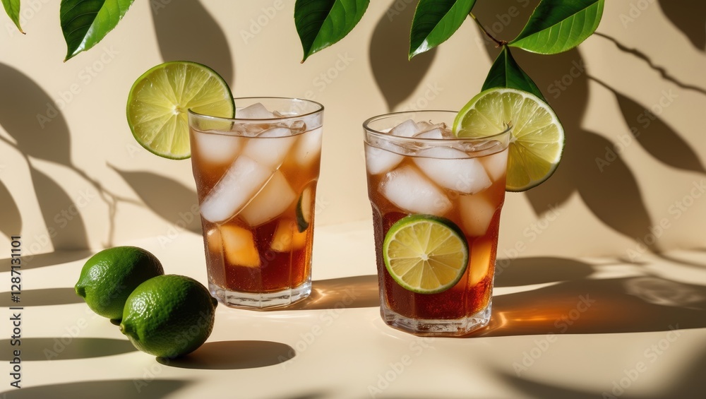 Poster refreshing iced tea with lime in glasses on beige background surrounded by lime fruit and leaf shado