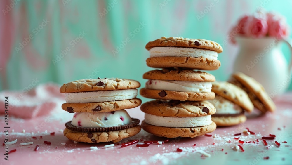 Poster homemade ice cream sandwiches with cookies freshly baked on colorful background ideal for dessert an