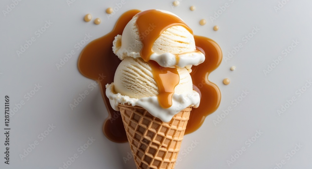 Aufkleber Vanilla Ice Cream Cone Drizzled with Caramel Sauce on a White Background with Melting Caramel and Sprinkles