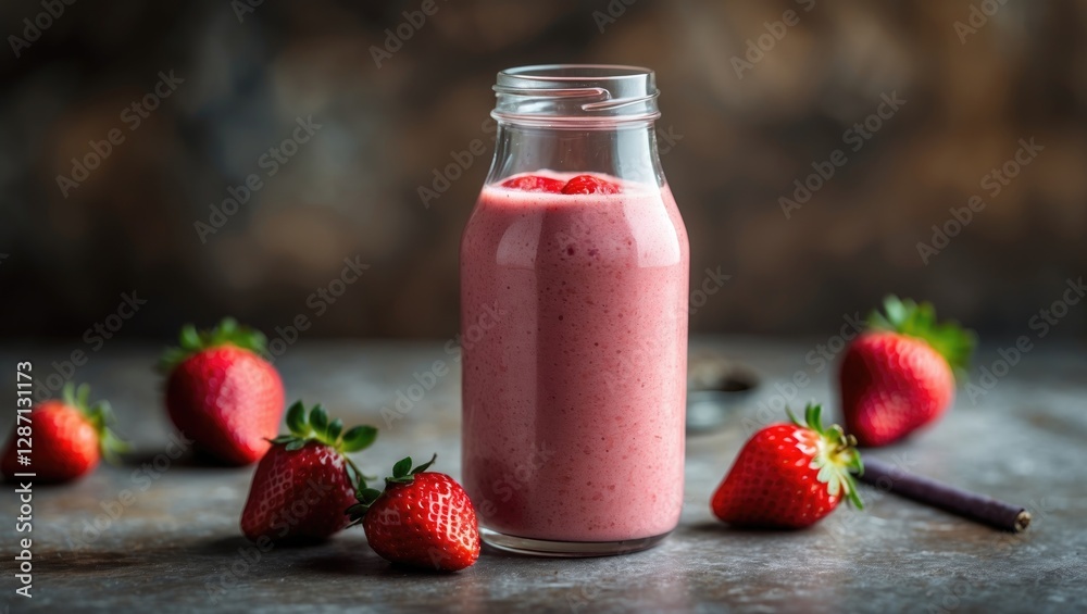 Poster refreshing strawberry smoothie in glass bottle surrounded by fresh strawberries on rustic background