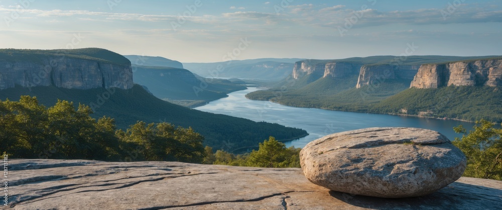Poster scenic landscape view from rocky outcrop overlooking river and mountains ideal for text overlay in n