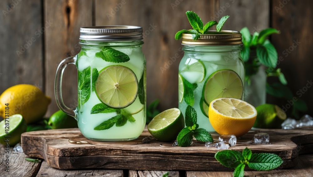 Aufkleber refreshing homemade lemonade with lime and mint served in mason jars on a rustic wooden board perfec