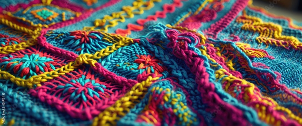Leinwandbilder vibrant knitted textile showcasing intricate handmade patterns and colorful embroidery threads in a 