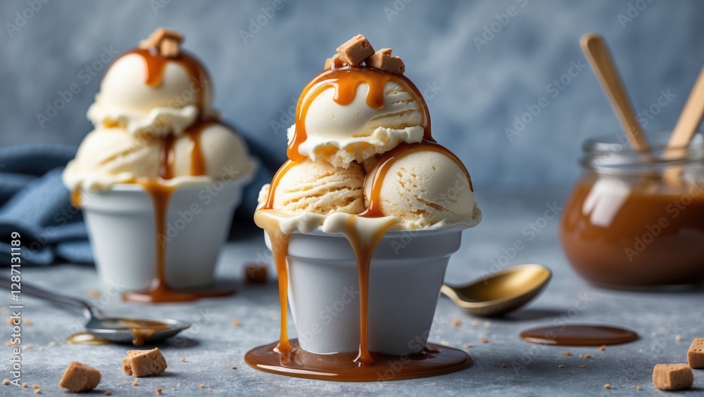 Poster delicious ice cream sundae drizzled with caramel sauce on a gray background perfect for dessert prom
