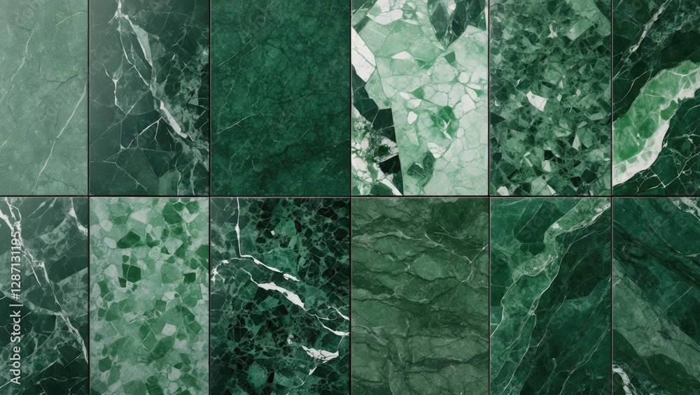 Poster Green marble texture collection featuring various shades and patterns for elegant tile designs in interiors and architecture.