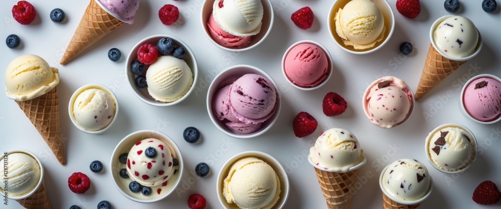 Aufkleber Colorful Ice Cream Assortment in Cones and Cups on White Background Healthy Summer Dessert with Fresh Berries and Empty Space for Text