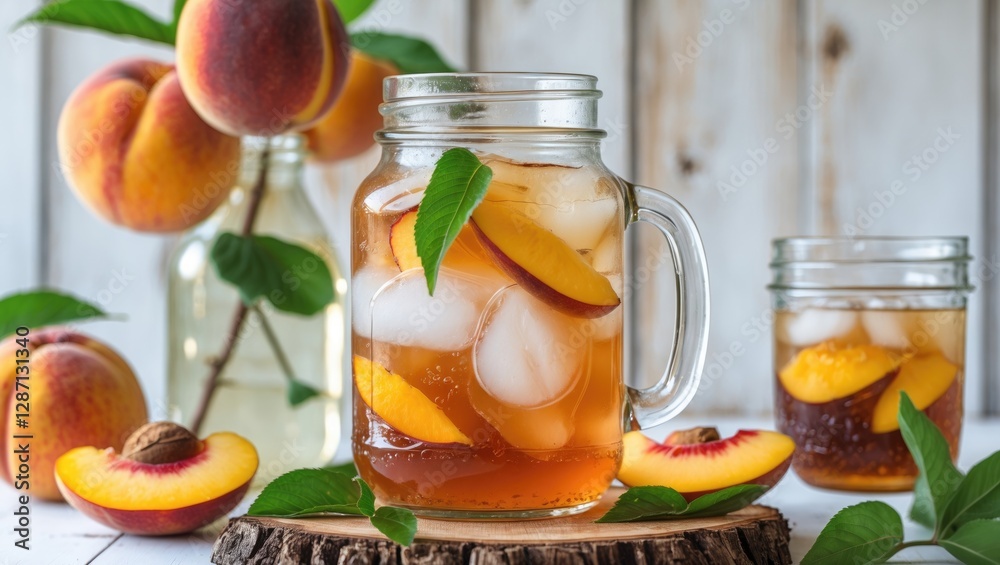 Poster refreshing peach iced tea in mason jar with fresh peaches and mint on rustic table decorated with na