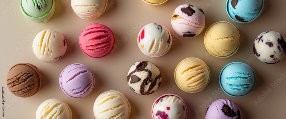 Poster colorful assortment of ice cream balls on beige surface with space for text or branding in a top vie