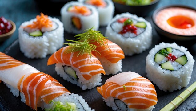 Elegant sushi platter showcasing assorted rolls and fresh salmon garnished with herbs on a dark stone serving dish.