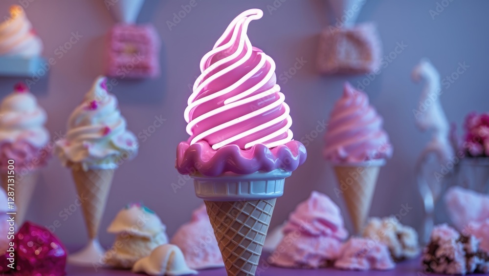 Poster Neon Pink Ice Cream Cone Display in a Vibrant Setting with Assorted Desserts in Background for Sweet Treat Concepts and Themes