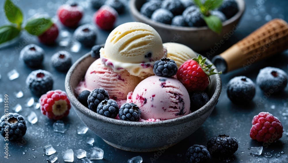 Poster delicious ice cream scoops with fresh berries and mint leaves in a rustic bowl on a textured surface