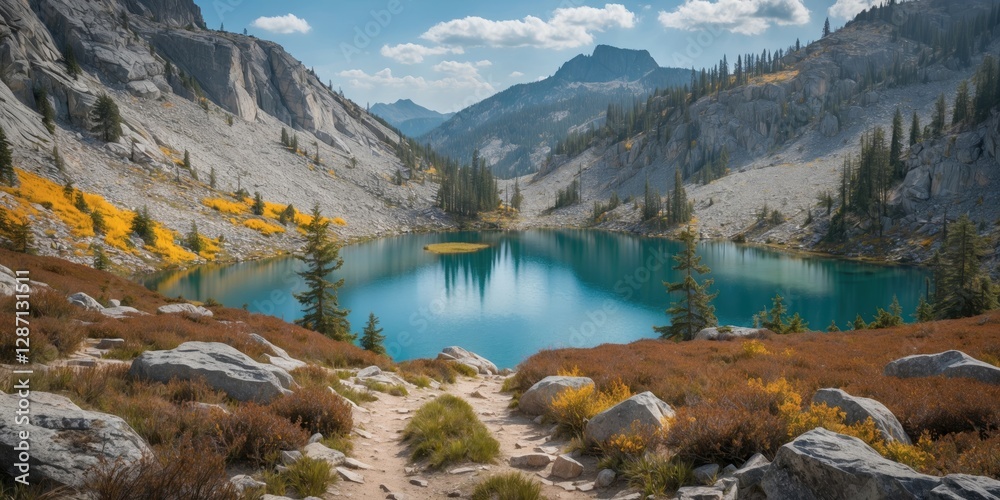 Aufkleber scenic hiking trail leading to a serene lake surrounded by mountains and trees with ample space for 