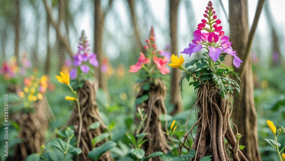 Aufkleber colorful kampsis vine with aerial roots and vibrant inflorescences creating a lush garden environmen