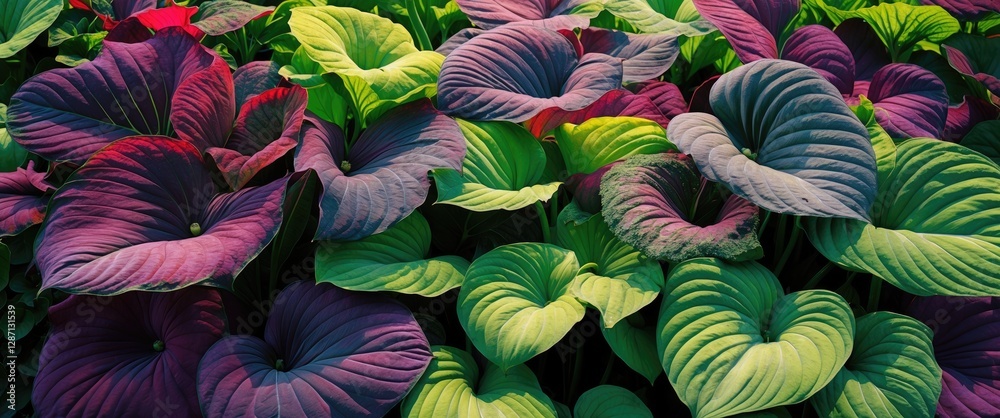 Poster vibrant hostas leaves in lush summer garden showcasing rich textures and a captivating color palette