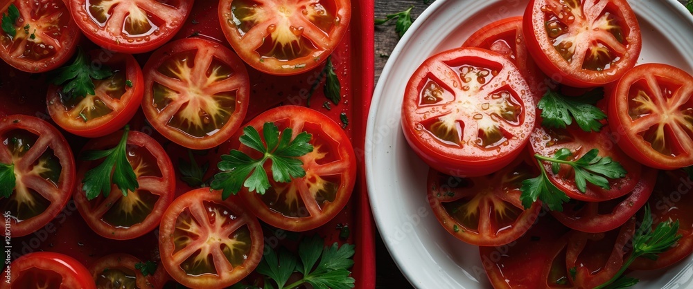 Poster Sliced red tomatoes with fresh parsley on a white plate and red tray creating a vibrant, appetizing display in a restaurant setting.