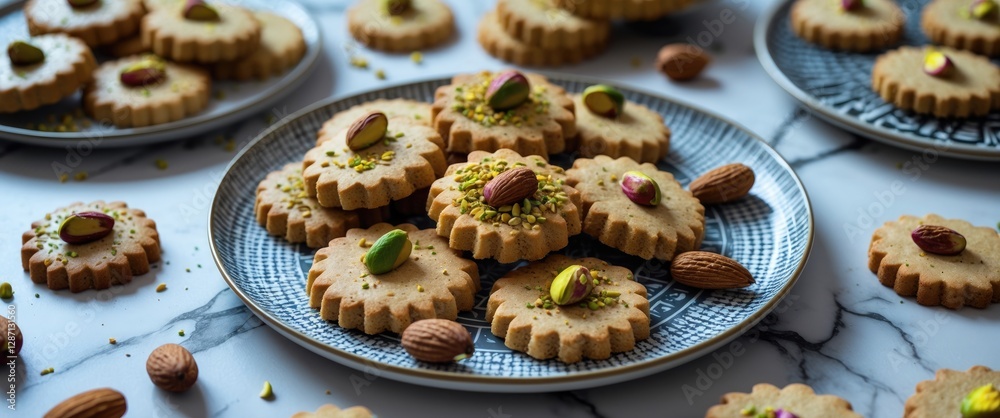 Poster vegan gluten free almond and sesame biscuits topped with pistachios displayed on a marble table in a