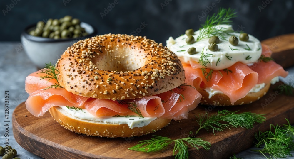 Poster freshly made bagels topped with lox cream cheese capers and dill on rustic wooden board with space f