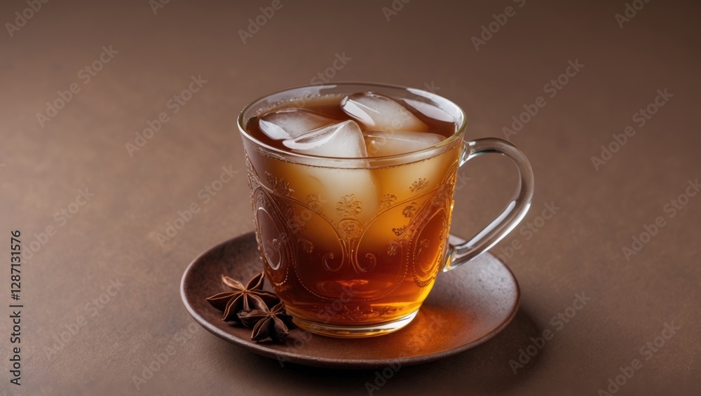 Poster iced tea in elegant glass cup on rustic brown table surrounded by spices and ice cubes creating a re
