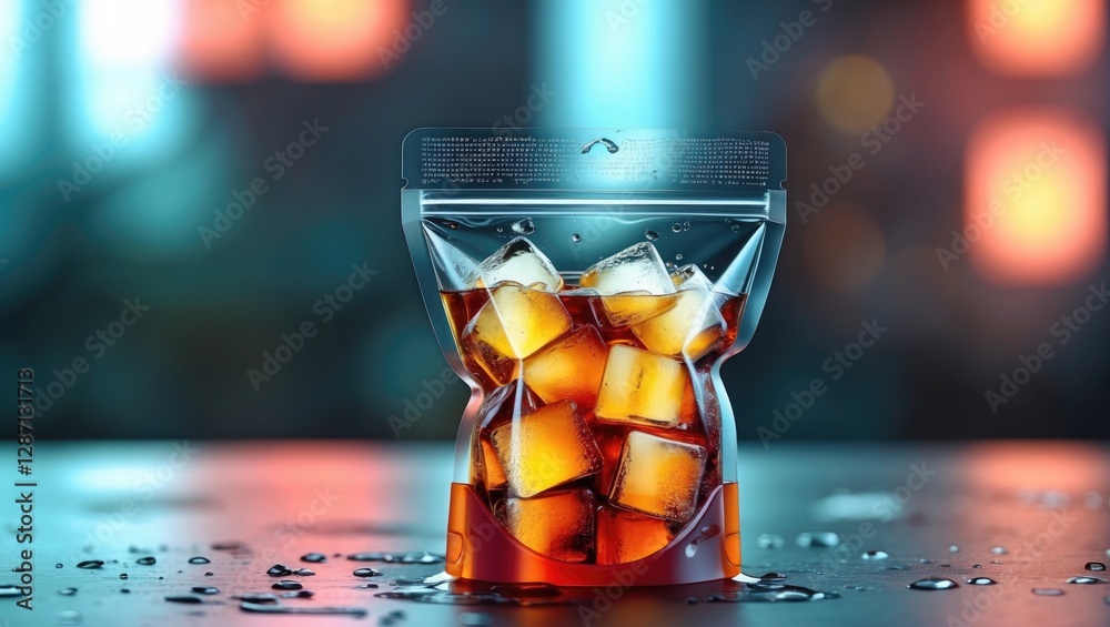 Poster refreshing iced tea in clear plastic bag with ice cubes on moist surface and blurred background