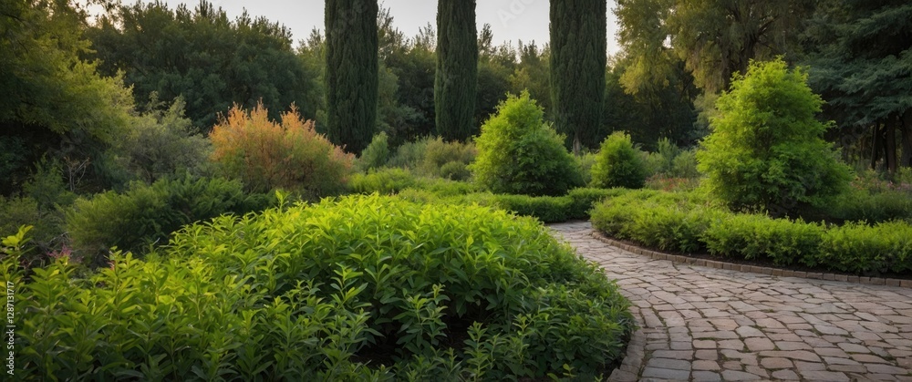 Aufkleber lush green bushes in a serene arboretum with a winding stone path and empty space for text showcasin
