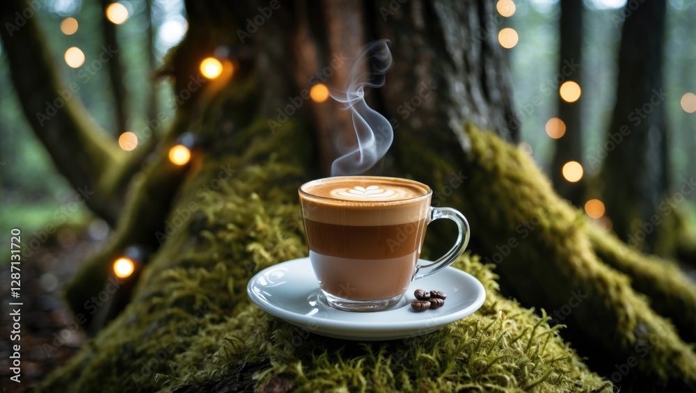 Poster cozy cup of steaming coffee on mossy tree trunk with soft bokeh lights creating a serene outdoor atm