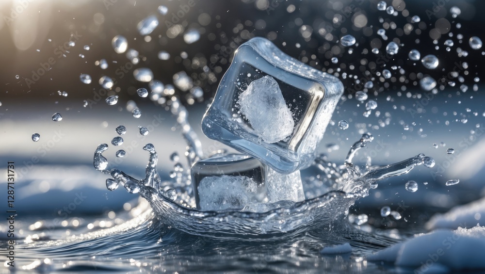 Fototapete Dynamic splash of ice cubes creating ripples in clear water with droplets sparkling in sunlight capturing a refreshing moment.