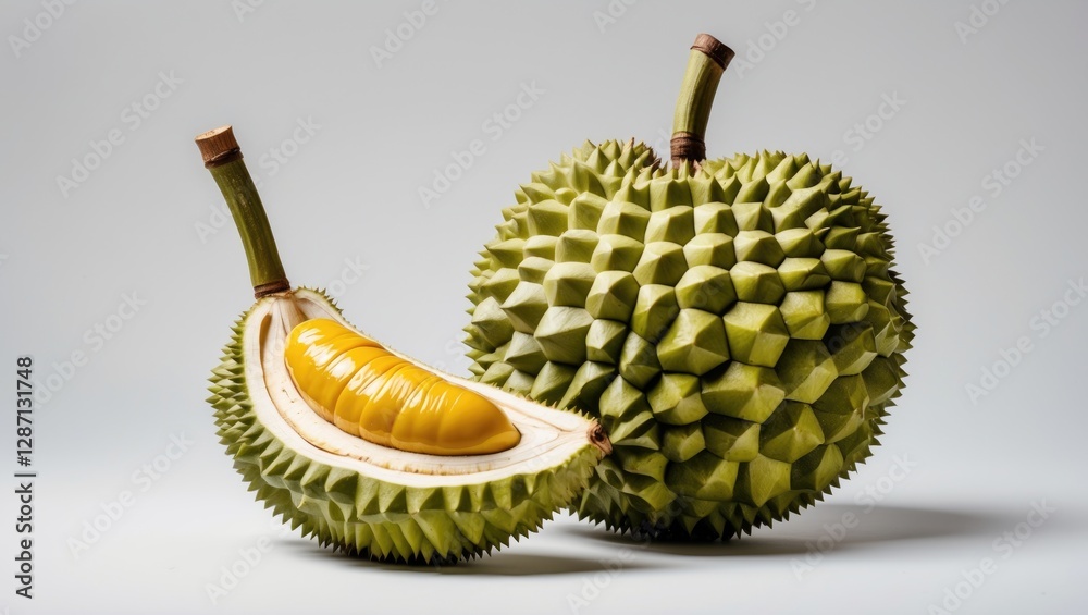 Poster durian fruit half and whole durian isolated on bright background showcasing unique texture and sweet