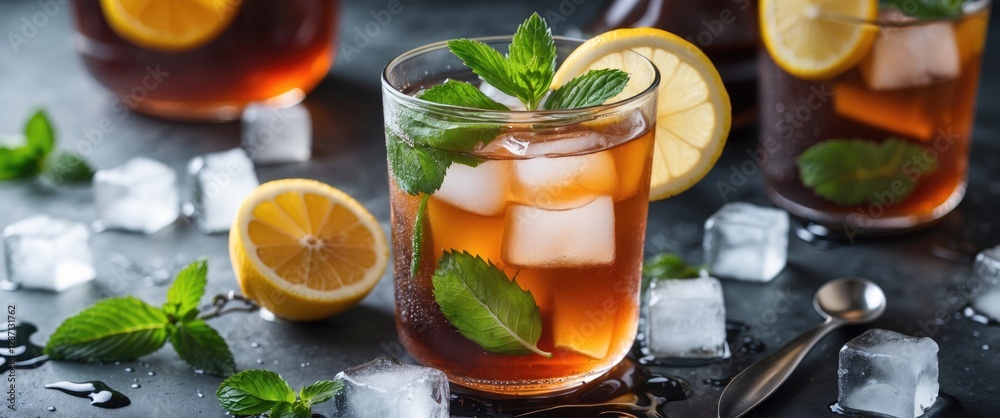 Aufkleber refreshing iced tea with mint and lemon in a glass surrounded by ice cubes on a dark background perf