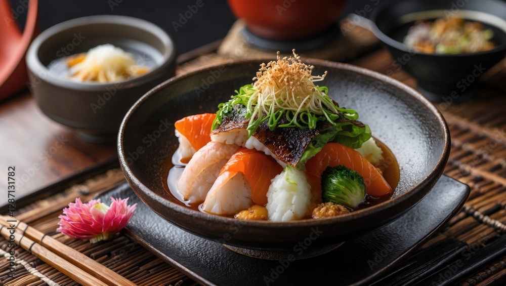 Aufkleber authentic japanese sushi platter with fresh fish vegetables and garnish in elegant setting for food 