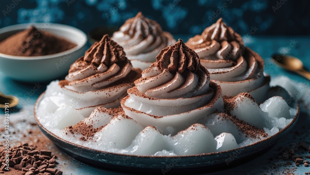 Aufkleber Korean Shaved Ice Dessert Topped with Cocoa Powder and Whipped Cream in a Bowl with Empty Space for Text