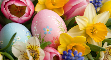 Easter eggs hidden among flowers. Easter egg hunt - Colorful Easter eggs surrounded by spring flowers in vibrant arrangement.