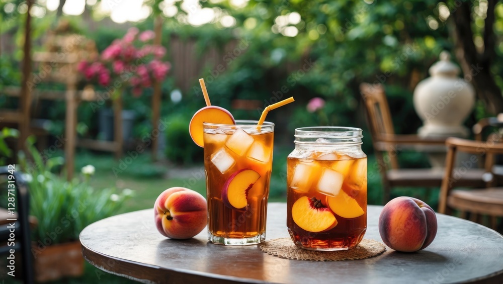 Aufkleber Refreshing Iced Tea with Peaches on a Garden Table Inviting Summer Vibes with Copy Space for Branding or Text.