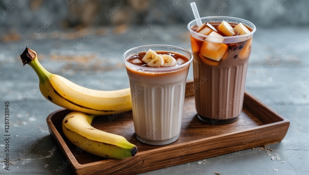 Poster refreshing iced milk tea and cocoa in clear cups with chopped fruits on wooden tray beside bananas a