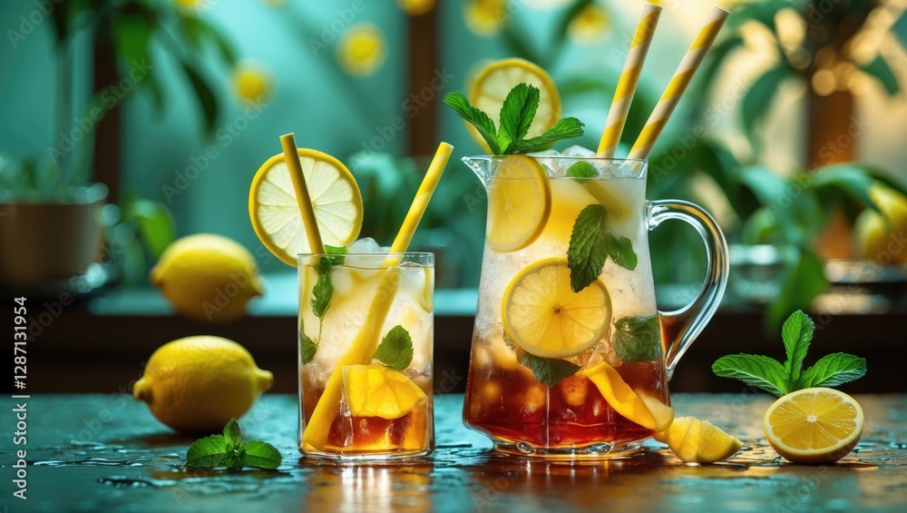 Poster refreshing iced tea cocktail with lemon slices and mint in cheerful setting perfect for summer gathe
