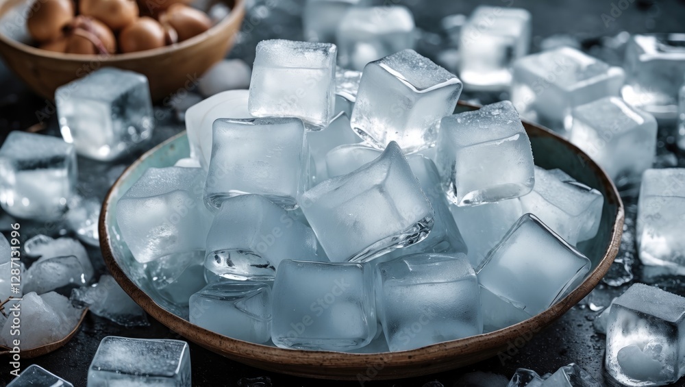 Aufkleber refreshing ice cubes stacked in a bowl surrounded by scattered ice on a dark surface perfect for bev