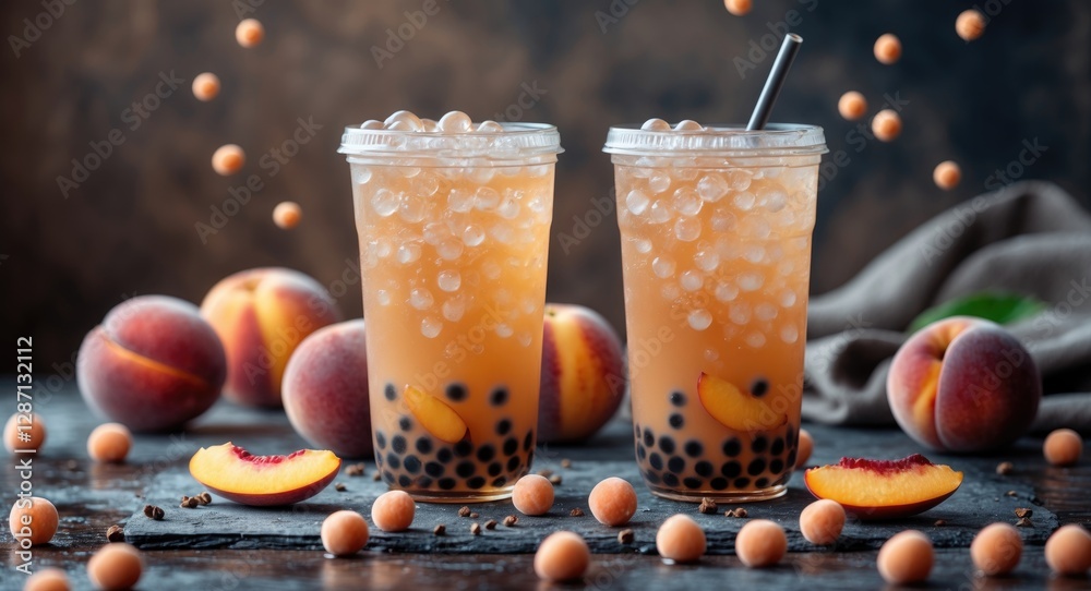 Poster Refreshing Peach Tea with Popping Boba and Peaches on a Table with Blank Space for Text Ideal for Beverage Advertisements