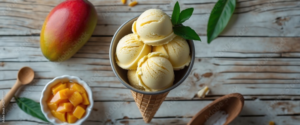 Aufkleber Homemade Mango Ice Cream Scoop in Cone with Fresh Mango and Chunks on Rustic Wooden Table with Empty Space for Your Text