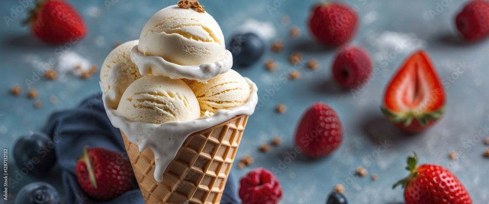 Poster delicious ice cream cone with fresh berries on a blue background displaying richness and creaminess 