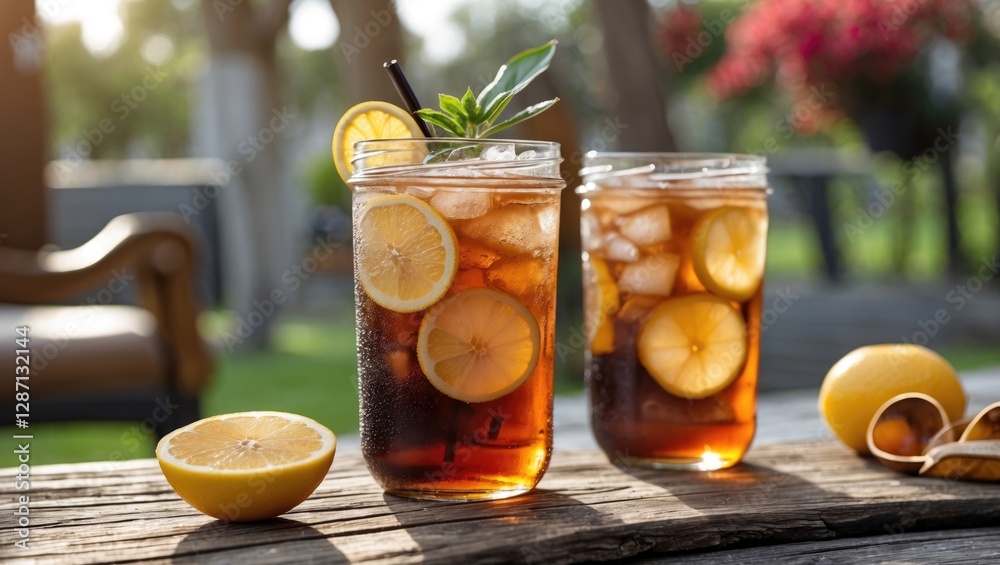 Poster refreshing iced tea with lemon slices served outdoors on a rustic wooden table in a lush garden sett