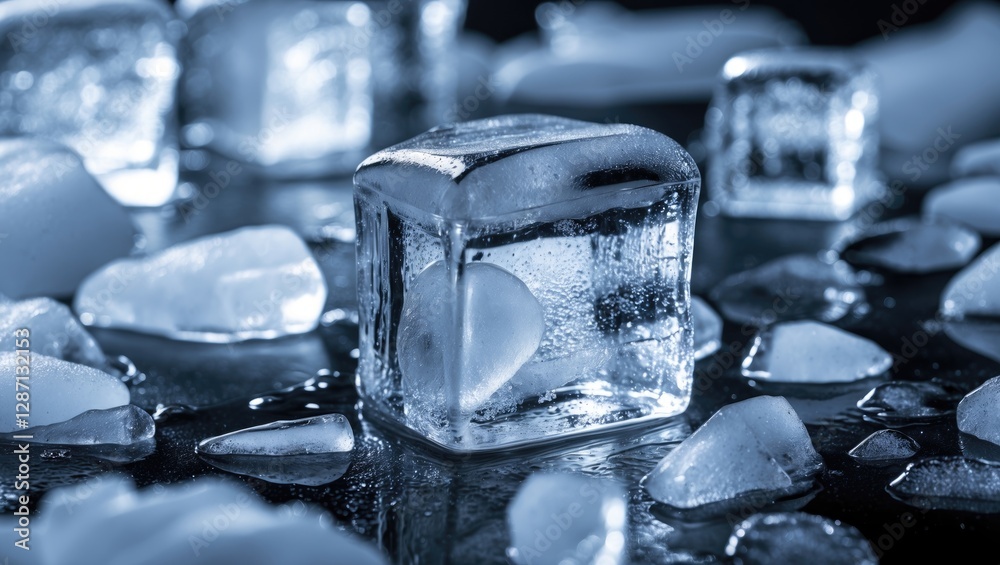 Aufkleber Close-up of crystal-clear ice cubes with droplets and scattered ice pieces against a dark background creating a refreshing visual effect.