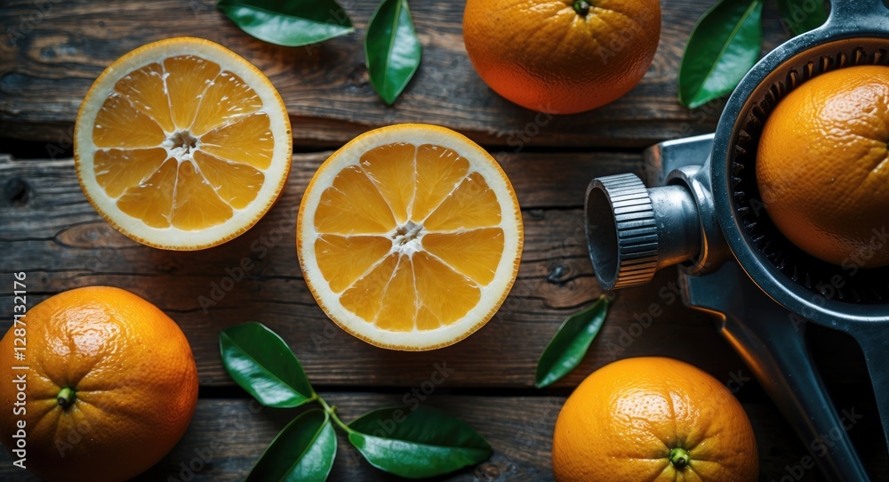 Poster Fresh oranges and manual juicer on rustic wooden background ideal for making freshly squeezed juice with vibrant green leaves